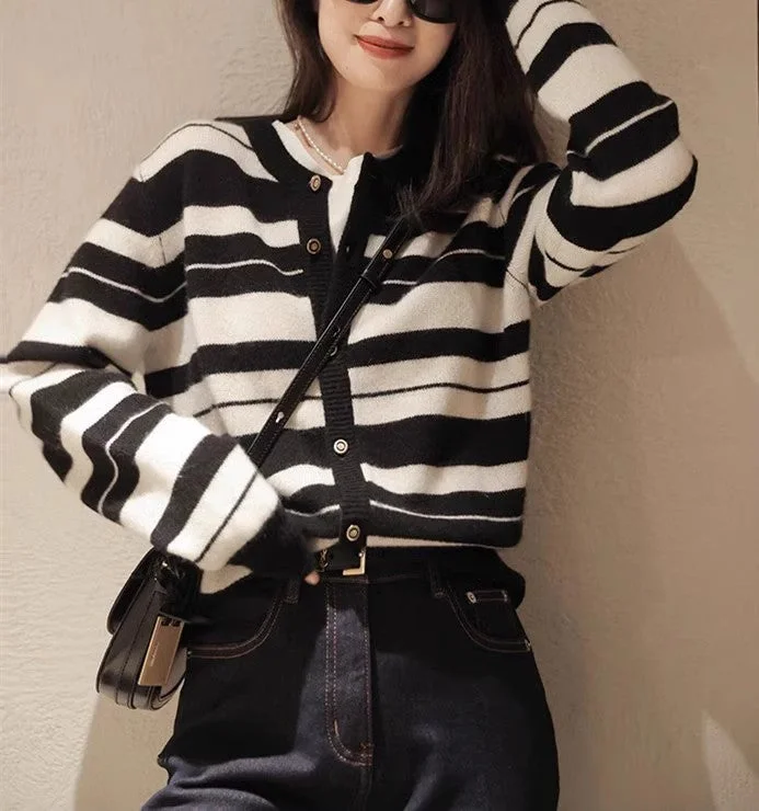 Online Only New soft knitted cardigan for women fashionable black top striped Korean style simple sweater jacket    S3392