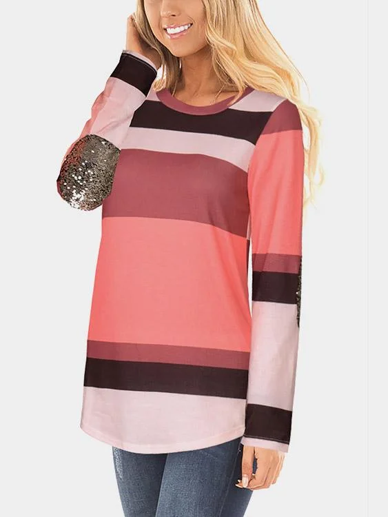Weekend Specials to Snag Wholesale Pink Round Neck Long Sleeve Stripe Sequins Embellished Curved Hem T-Shirts