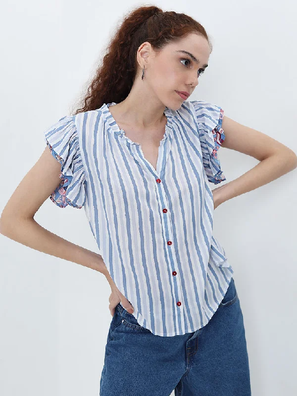 Deep Discounts Bombay Paisley Blue Stripe Patterned Top
