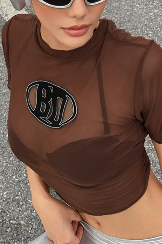 Bonus Savings Mesh Letter Graphic Cutout Crop Top