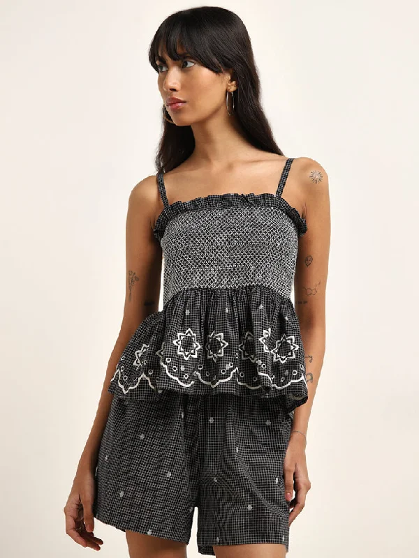 Price Smash Bombay Paisley Black Checkered Design Peplum Cotton Top