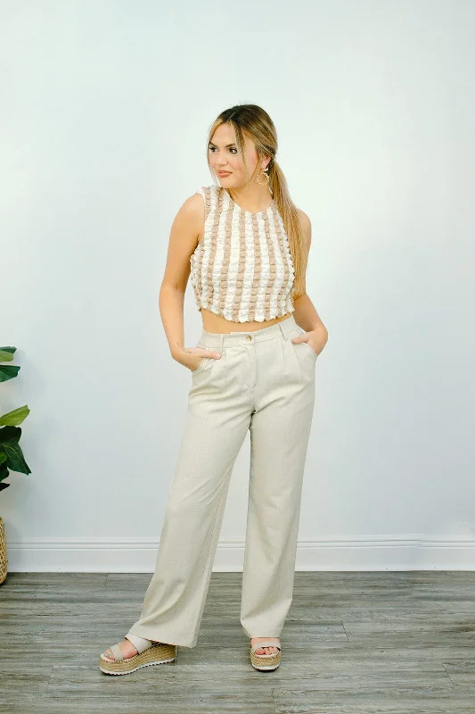 Stock Clearance White & Taupe Textured Sleeveless Top