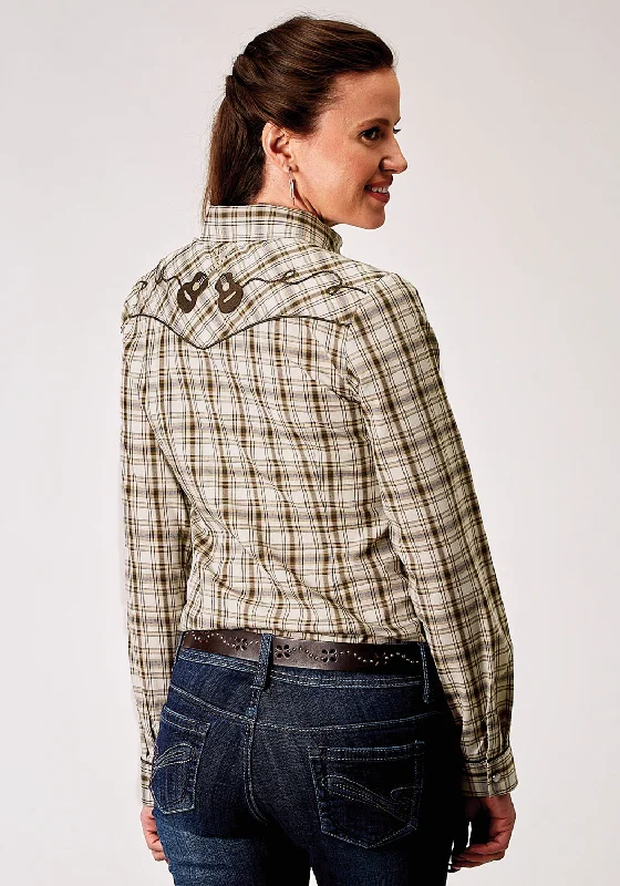 Year-End Sale Roper Womens 1968 Desert Plaid Brown Cotton Blend Guitars L/S Shirt