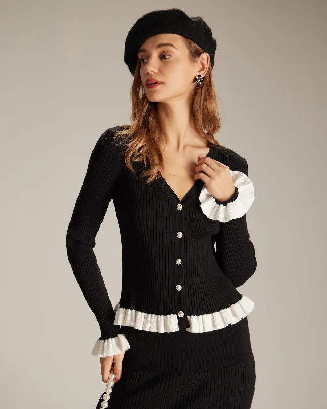 Low Cost The Black V Neck Contrast Trim Ruffle Cardigan
