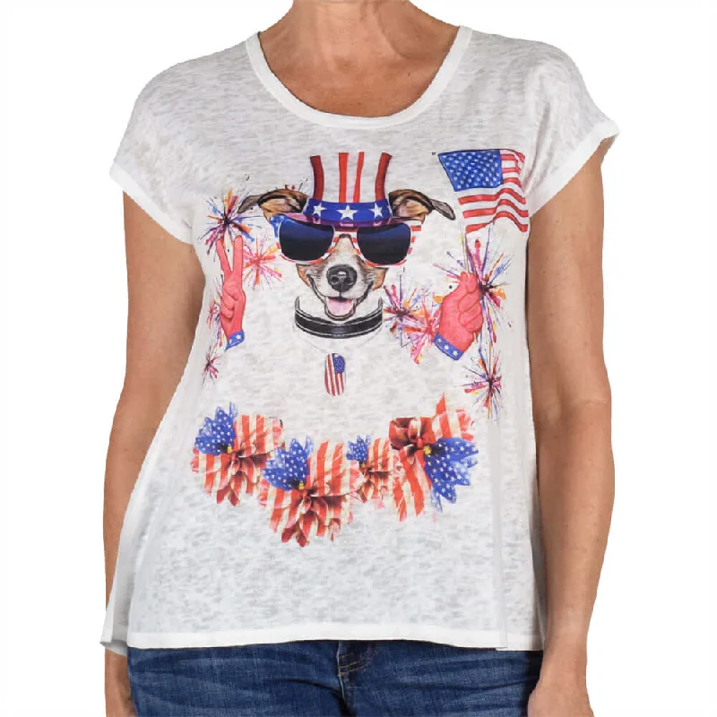Price Cut Women's Made in USA Cap Sleeve Patriotic Dog Top