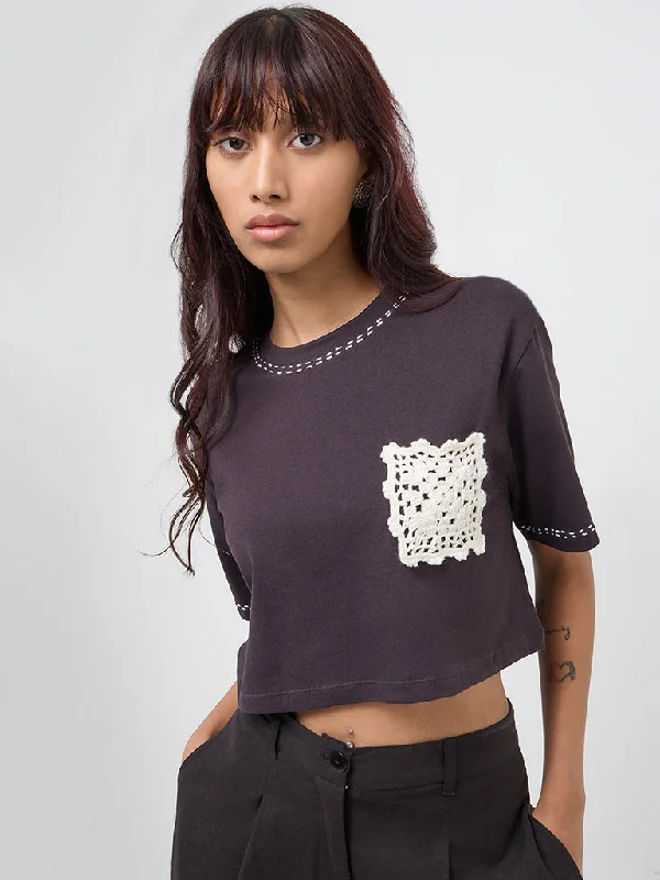 Massive Savings Bombay Paisley Black Crochet-Detailed Cotton Top