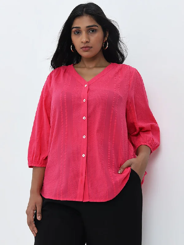 Referral Discount Gia Fuchsia Striped Seersucker Textured Blouse