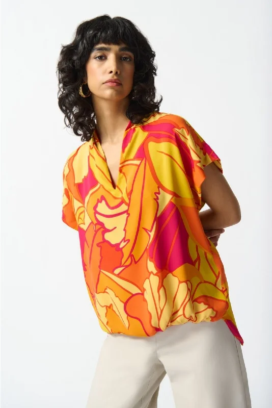 Shop and Save Joseph Ribkoff Pink/Multi Tropical Print Short Sleeve Boxy Top 242008
