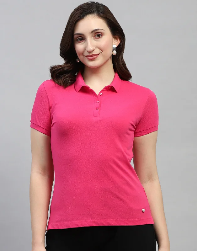 YEAR-End Clearance Women Pink Solid Polo Collar Half Sleeve T Shirt