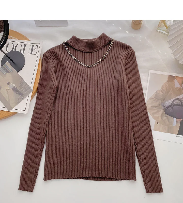 One-DAY Sale Design sense knitwear stand collar chain long sleeve top  6689