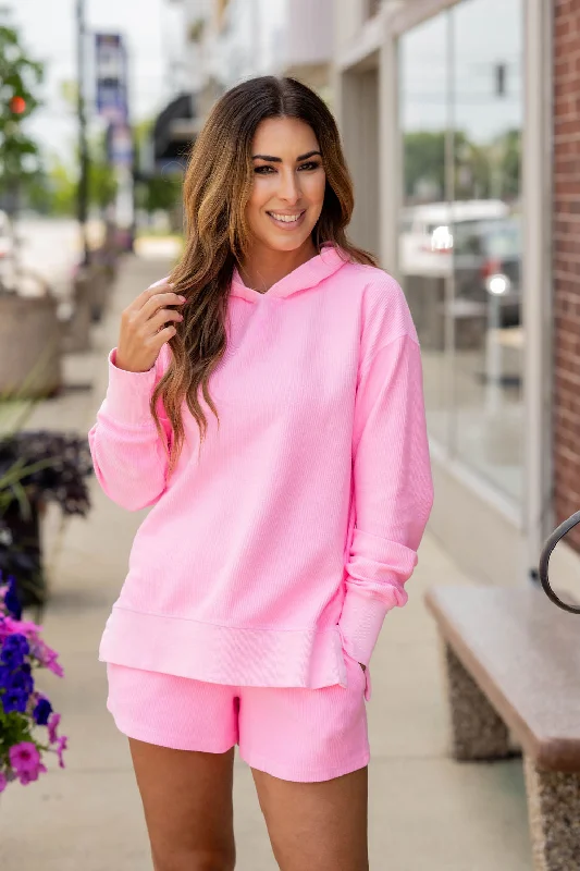 Weekend Bargains to Snag Ribbed Side Slit Hooded Sweatshirt