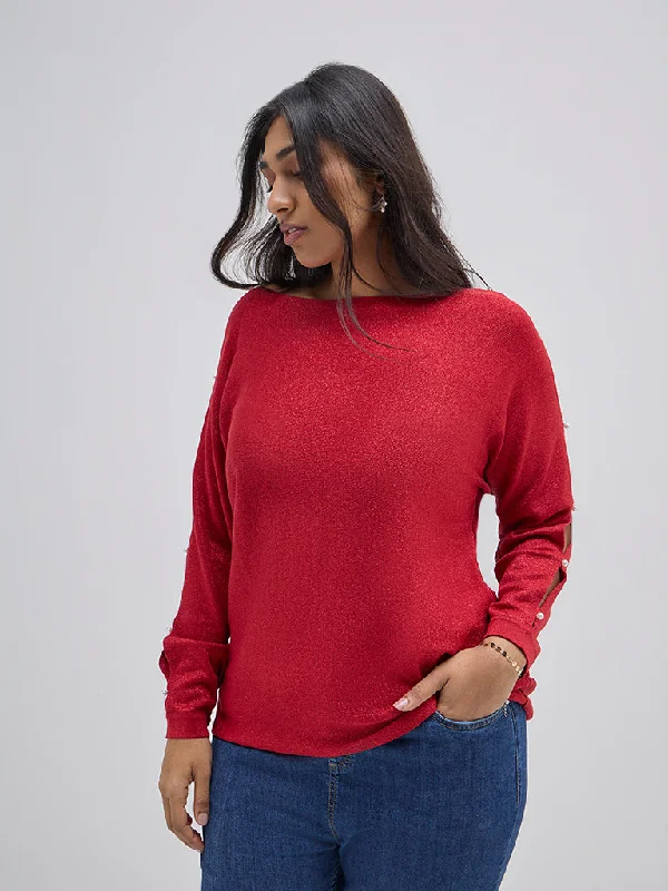 Super Deal Gia Red Shimmer Detailed Blouse
