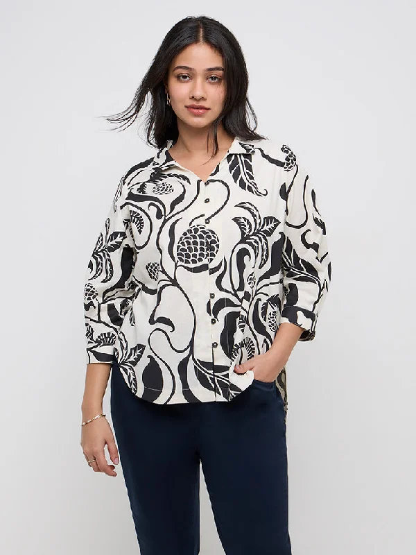 Weekend Deals That Sizzle Gia Off-White Botanical Printed Cotton Blend High-Low Shirt