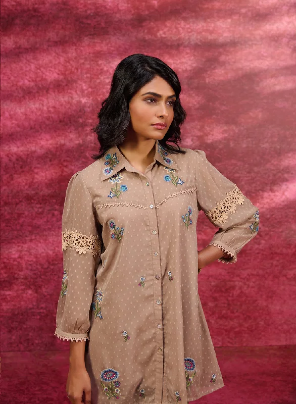 Super Sale Breeze Taupe Embroidered Georgette Shirt for Women