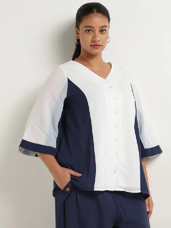 Weekend Savings Spree Gia White and Navy Colour-Block Cotton Blouse