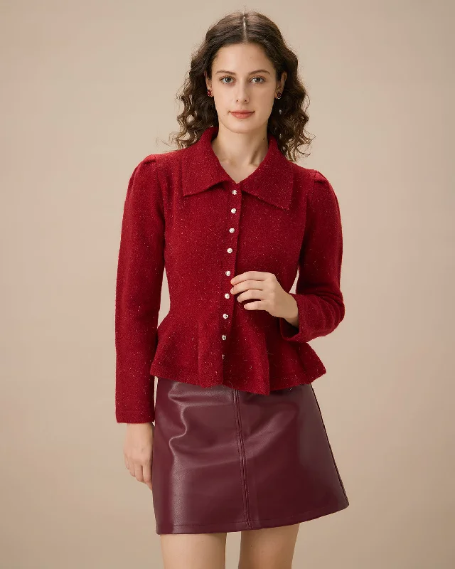 Unmissable Sale Red Collared Single-breasted Ruffle Cardigan