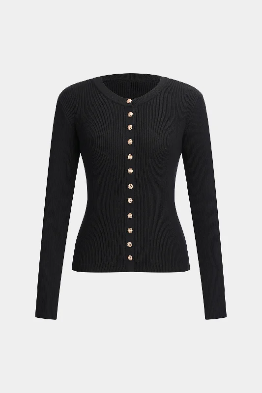 Referral Discount Knit Button Metallic Long-Sleeve Top