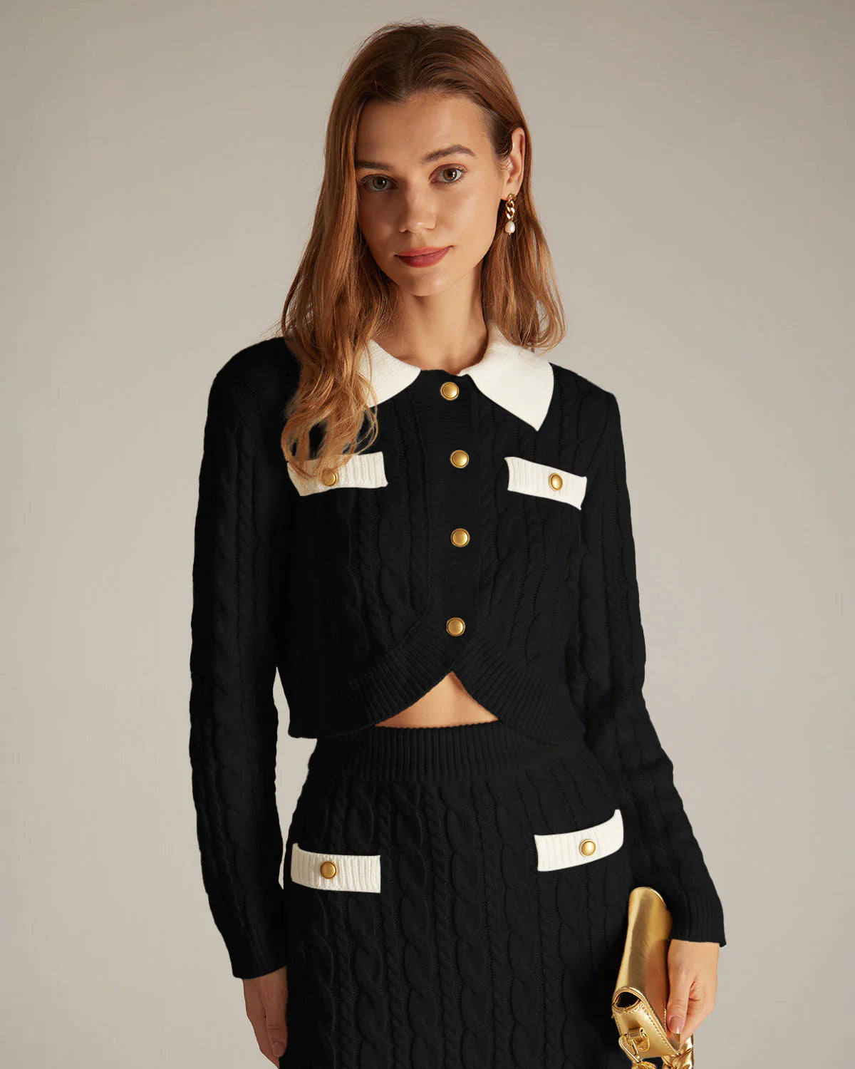 Price Fest The Black Lapel Ribbed Button Cable Cardigan