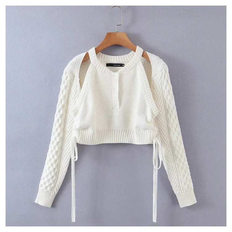Holiday Sale Sweet fake two collarbone hollowed out long sleeved knitted sweaters  7164