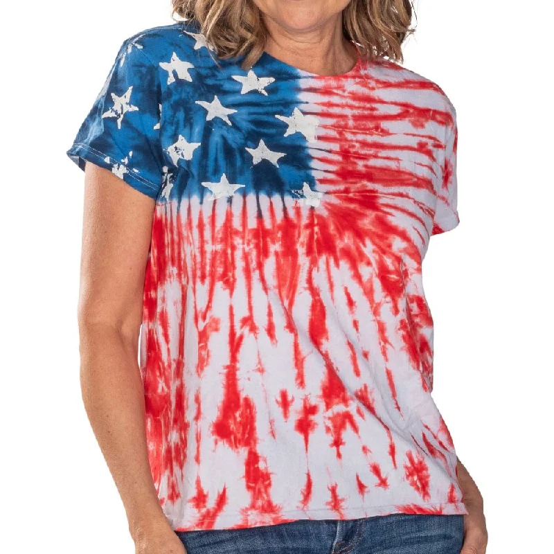Savings Spectacular Women's Patriotic Tie Dye Painted Stars T-Shirt