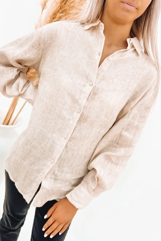 Your Weekend, Your Savings Fern Linen Button Up Top Beige Wash
