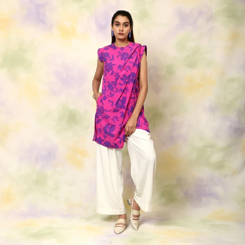 Mega Discount Floral Asymmetric Pleated Top