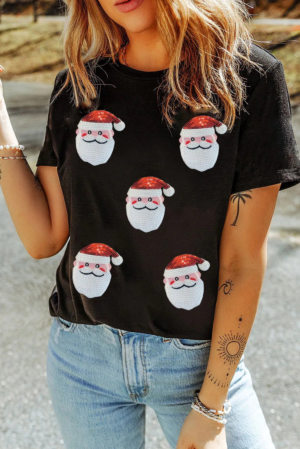 Extra Discount Sequin Santa Round Neck Short Sleeve T-Shirt