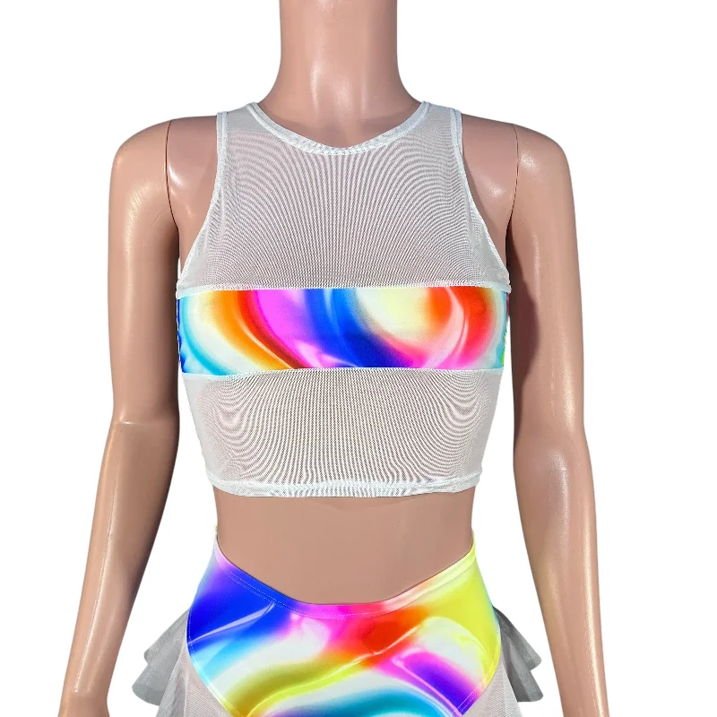 Weekend Offers That Excite Mesh Censor Crop Sheer Top - Poly Orb Rainbow