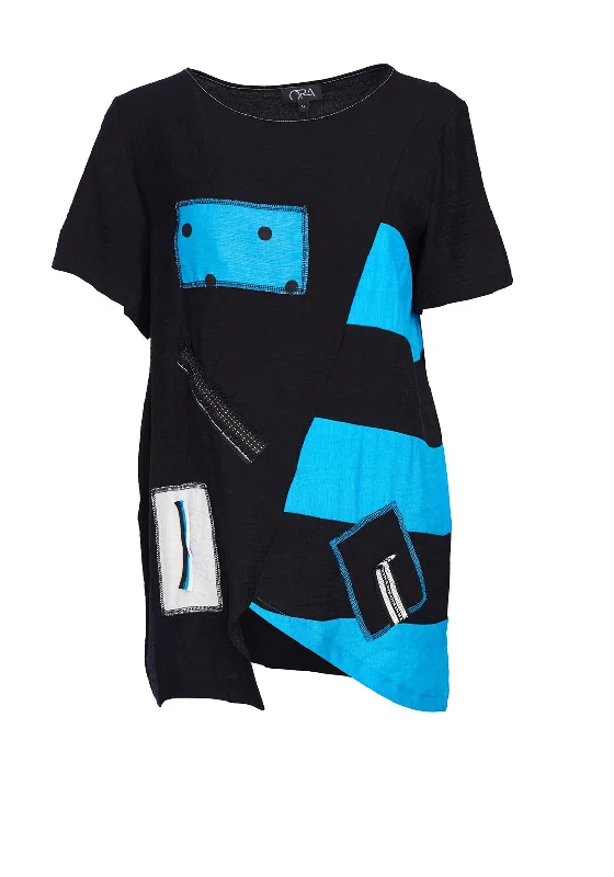 Clearance Event Ora Contrasting Panel Shape Print Top, Black & Blue