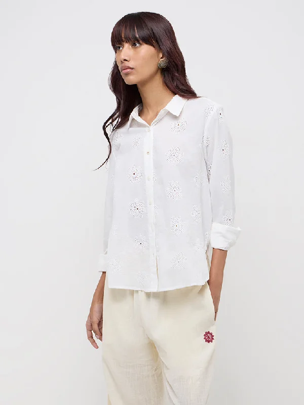 Special Offer Bombay Paisley White Floral Embroidery Cotton Shirt