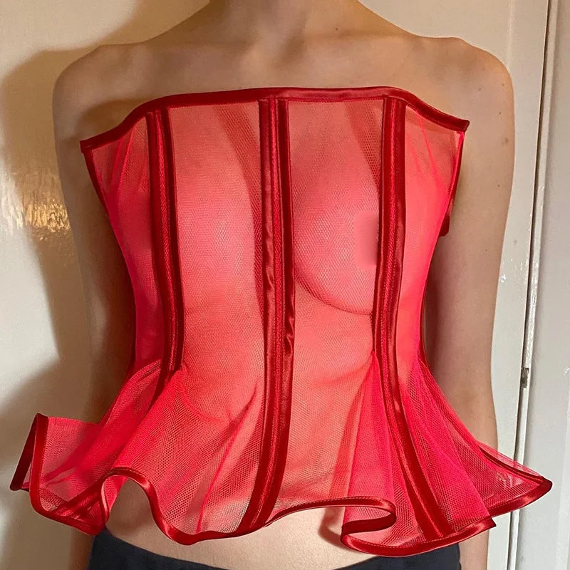 Weekend Specials to Relish Zip Off Shoulder Mesh Sheer Wholesale Crop Tops