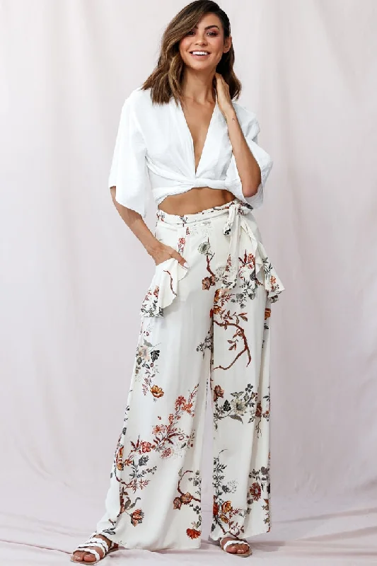 The Best Prices Amanda Wide-Leg Frill Detail Pants Floral Print Beige