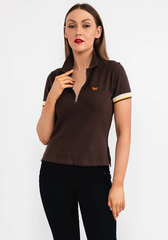 Exclusive Savings Superdry Womens Zip Polo Shirt, Dark Chocolate Brown