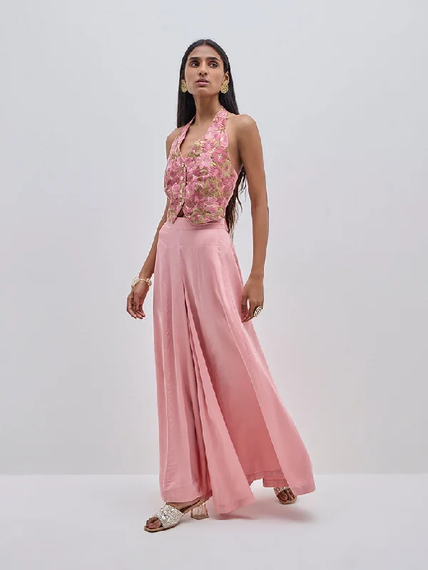 Daily Special Vark Pink Floral Embroidered Halter Neck Top