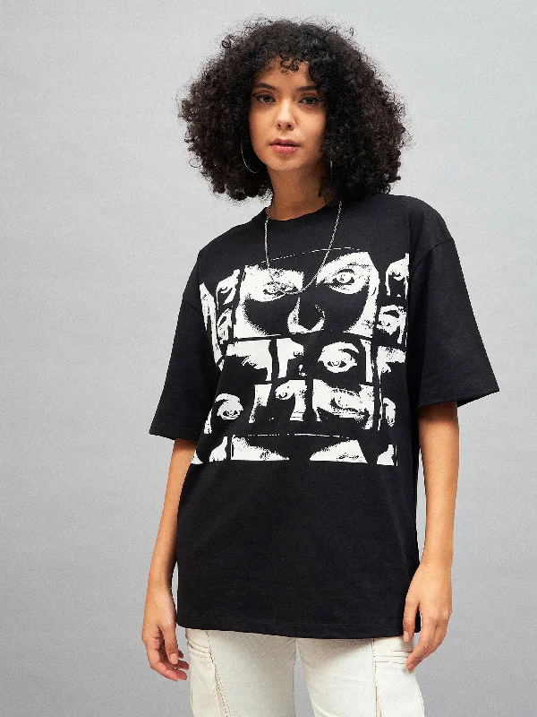 Sale Event Women Black Retro Photographic Print Oversized T-shirt
