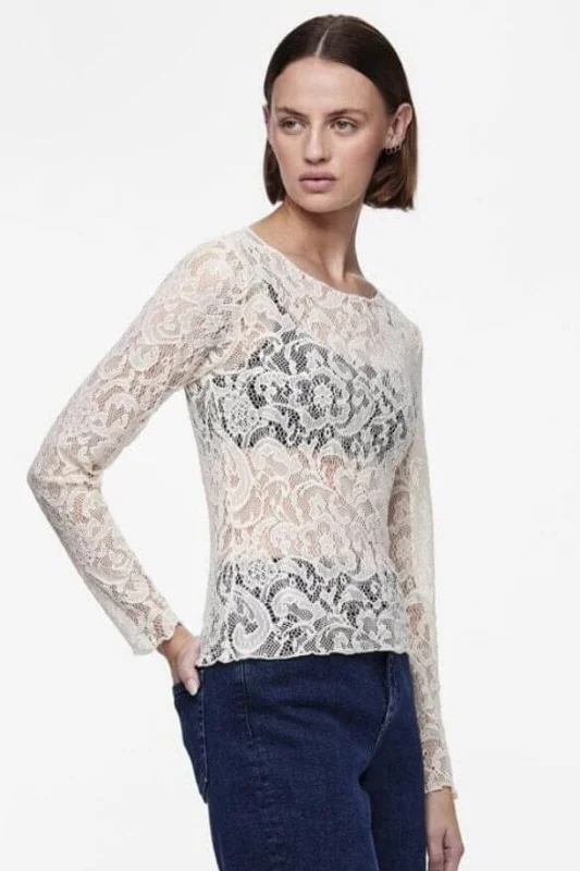 Super Sale Pieces - Pcnora Ls O-Neck Lace Top - 4588831 Cloud Dancer