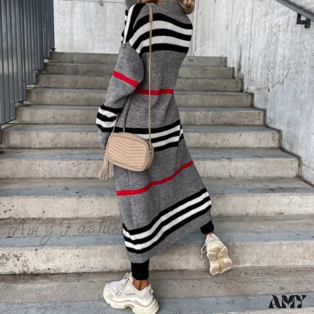 Fantastic Offers Amy Fashion - Casual Striped Color Matching Knitted Long Sweaters Cardigan