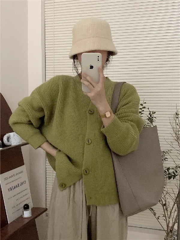 Instant Savings round neck solid color knitted cardigan for women autumn retro soft waxy loose warm sweater jacket      S3378