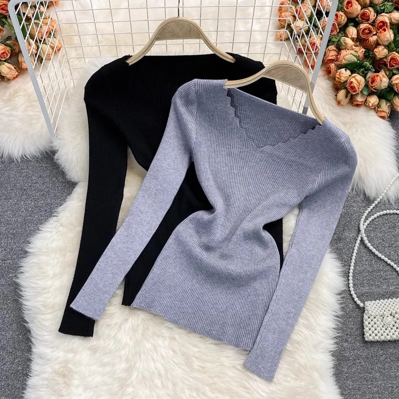 Shop and Save V-neck stretch knitted shirt for women sweater long-sleeved short top    S3977