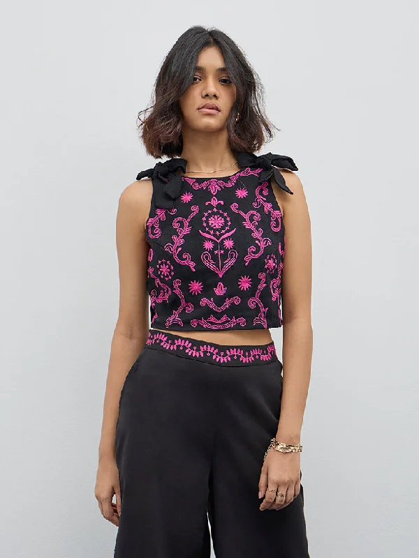 Weekend Specials You Can't Miss Bombay Paisley Black Embroidered Cotton Blend Top