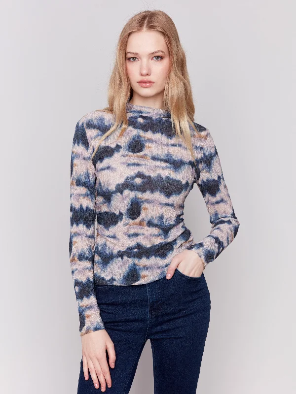 Friends and Family Sale Printed Ruched Mock Neck Top - Tie Dye