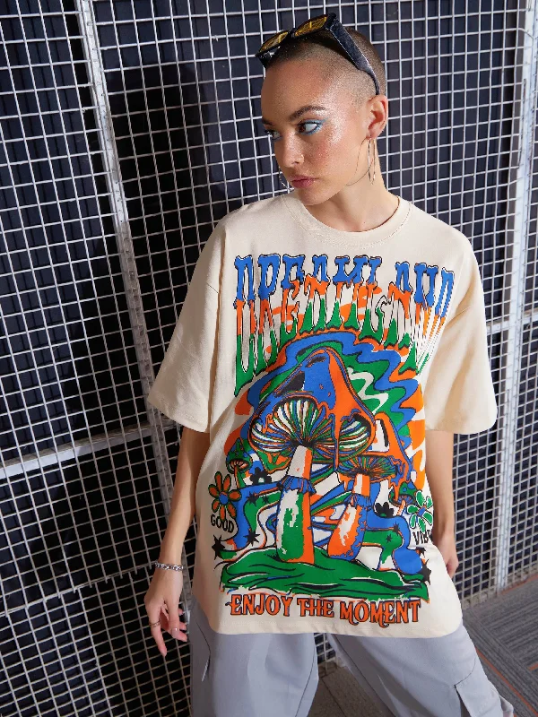 Time-Limited Offer Women Beige DREAMLAND Printed Oversized T-Shirt