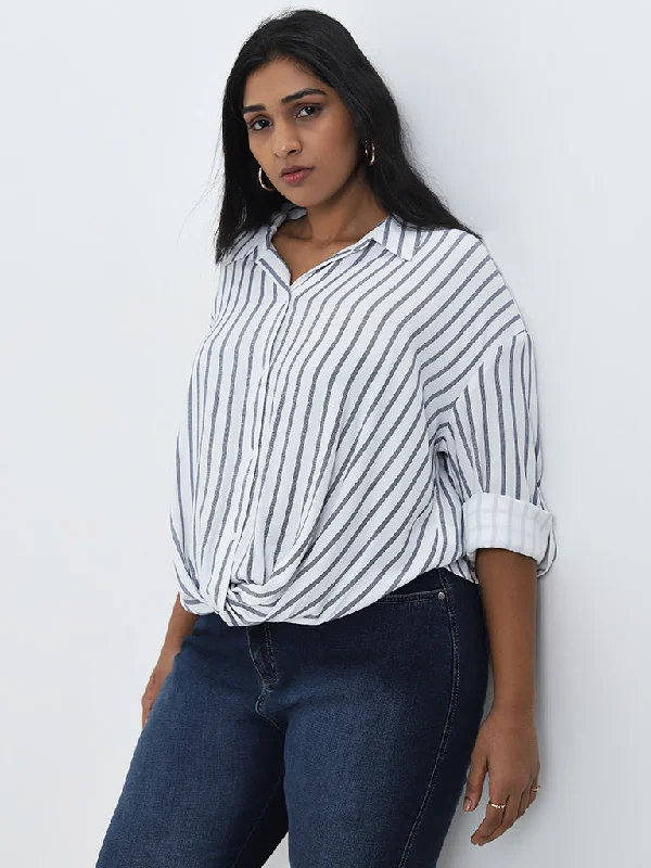 Buy Now Gia White Stripe Printed Front Knot Cotton Shirt