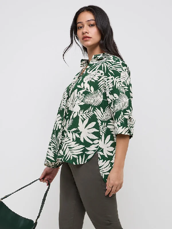 Weekend Specials to Delight Gia Green Botanical Printed High-Low Shirt