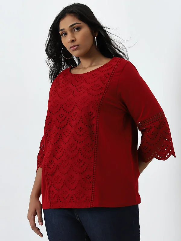 Unmissable Offer Gia Red Schiffli Design Cotton Blouse