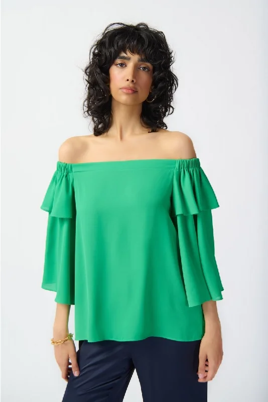 Overstock Joseph Ribkoff Island Green Off-Shoulder Tiered Flutter Sleeve Top 241305