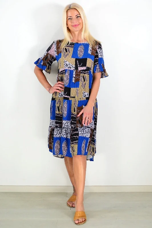 New Deal Blue Brown Squares Tunic Dress