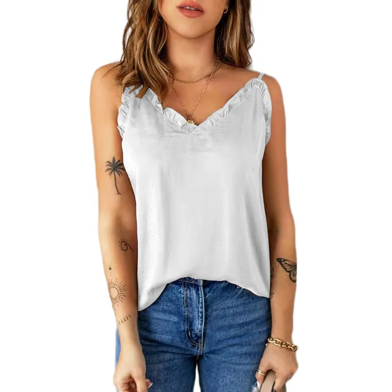 Price Buster Solid Color Ruffled Off Shoulder V Neck Camisole Wholesale Tank Tops Chiffon Price Buster Solid Color Ruffled Off Shoulder V Neck Camisole Wholesale Tank Tops Chiffon