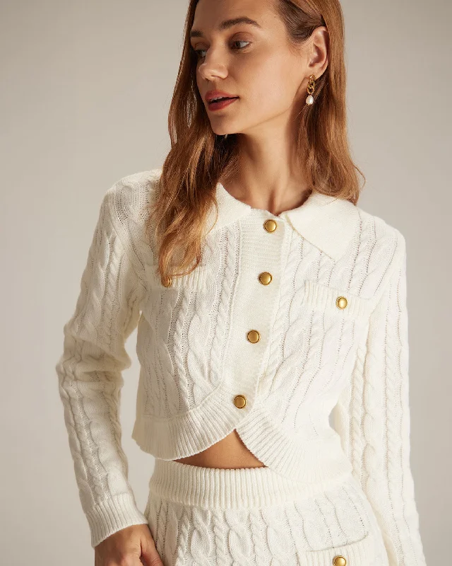 Amazing Deals The White Lapel Ribbed Button Cable Cardigan