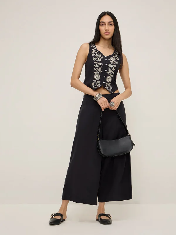 Top Pick Utsa Black Floral Embroidered Waistcoat-Style Cotton Blend Top